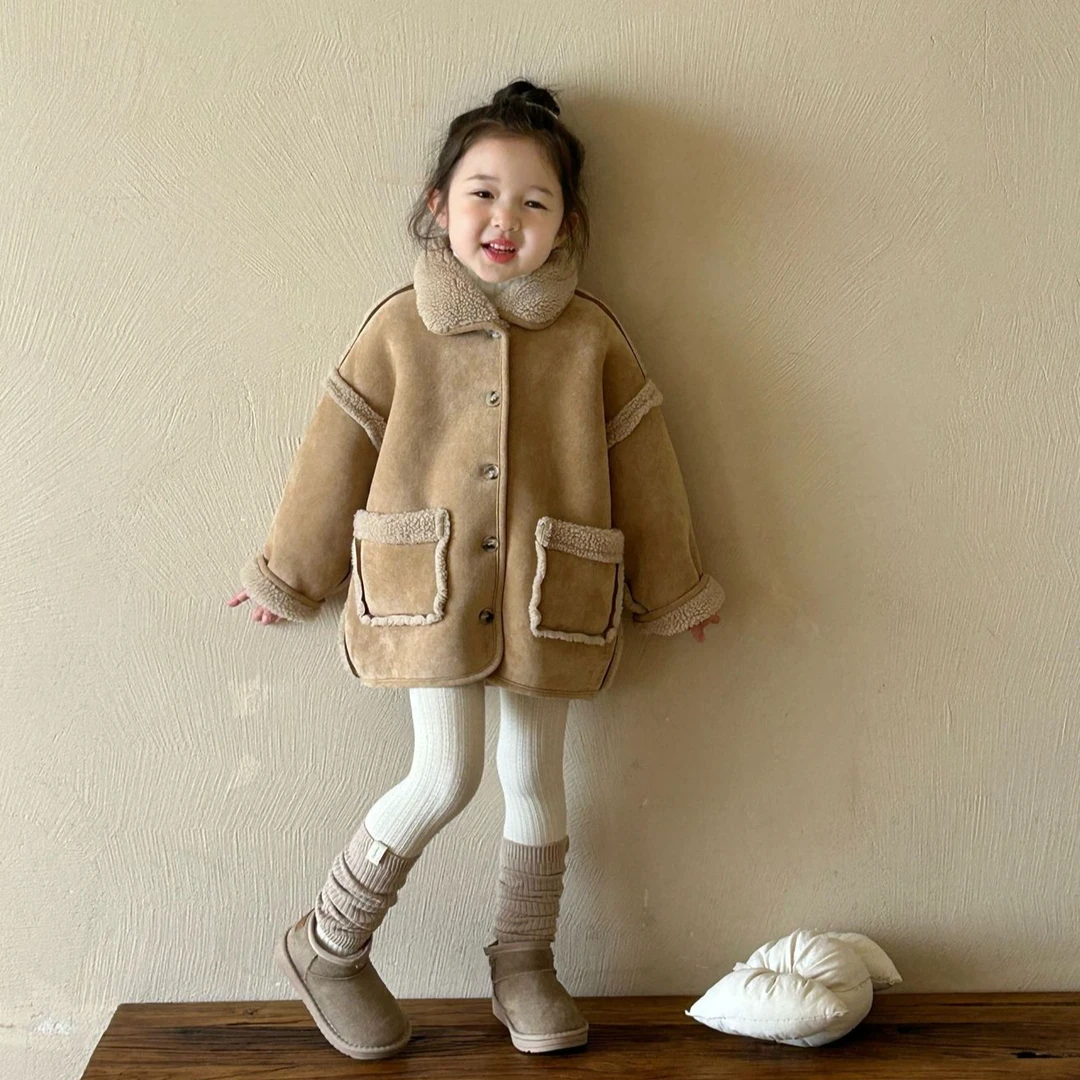 2024初冬新款女童韩版加绒加厚一体绒外套男女童复合羔羔毛外套