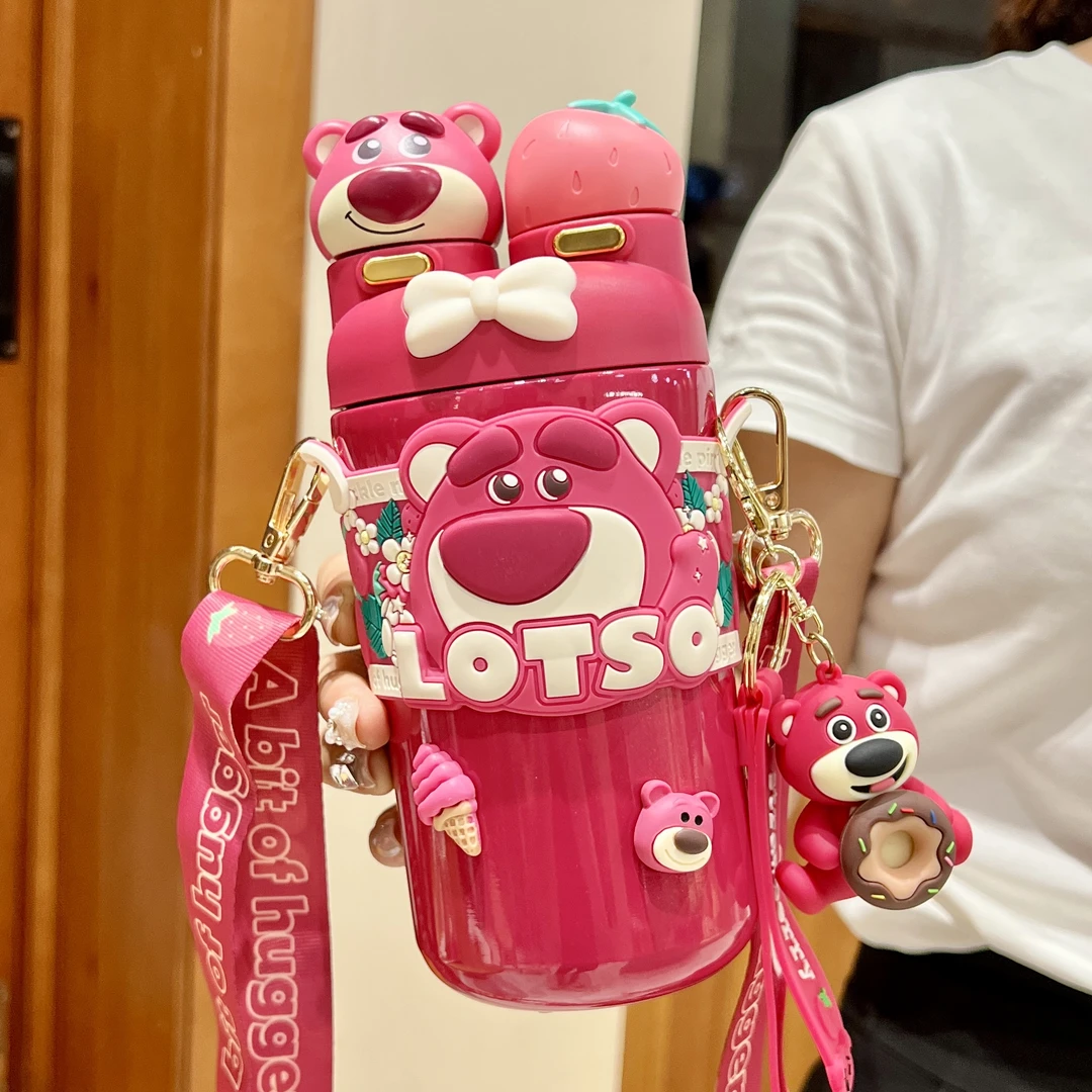 迪士尼女生草莓熊水杯316不锈钢保温杯女孩便携高颜值水壶双饮杯
