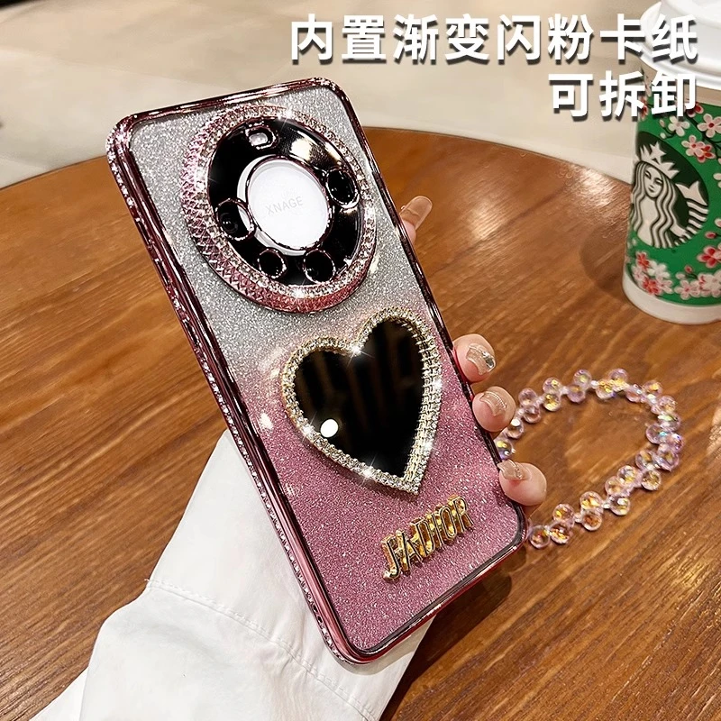 华为mate60手机壳奢华水钻mate70网红高级感40补妆镜mt30pro爱心