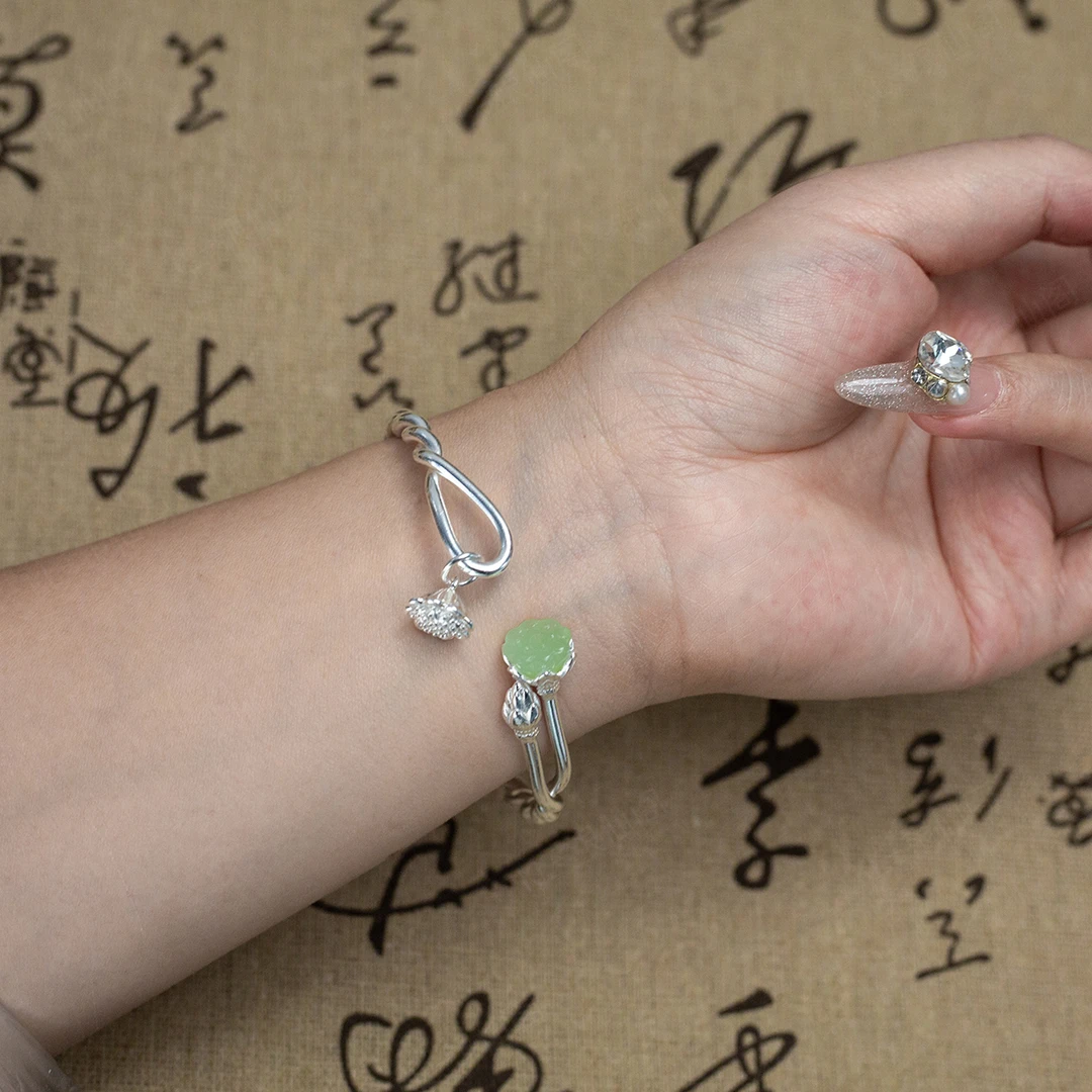 足银手镯 足银999百搭两世欢莲花纯银手镯 气质开口可调节国风dyj