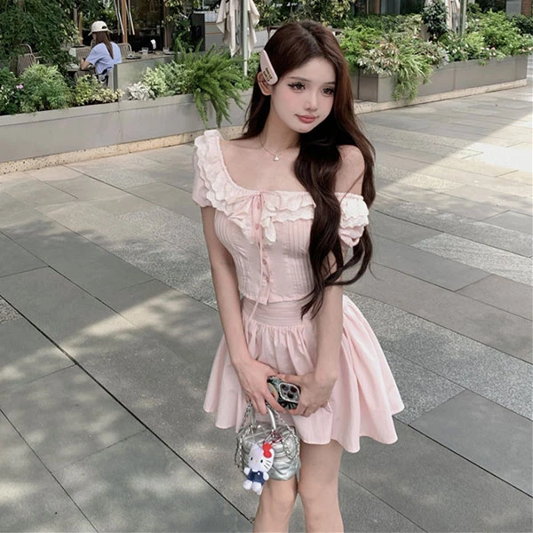 法式少女感甜美风重工蕾丝花边泡泡袖短款上衣高腰显瘦A字半身裙