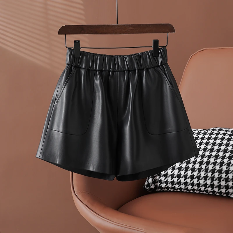 【周周】秋季新款海宁皮裤女短裤高腰宽松阔腿a字外穿百搭皮靴裤