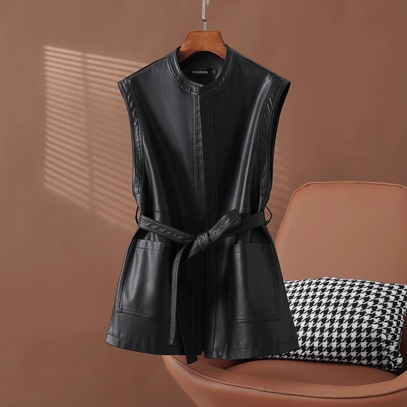 【依依】皮衣女中长款皮外套2024时尚百搭春装新款韩版修身皮马夹