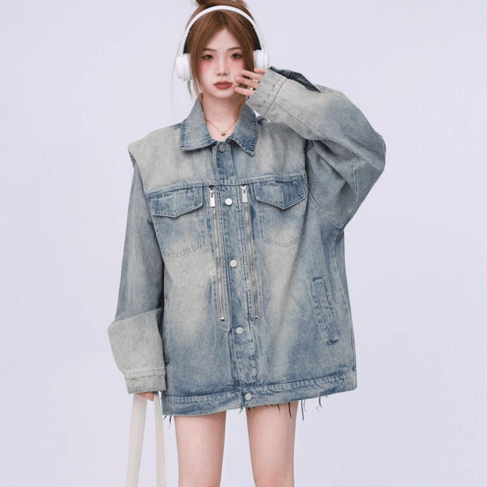 秋季服饰美式复古重工水洗垫肩牛仔外套女春季新款高级感上衣潮