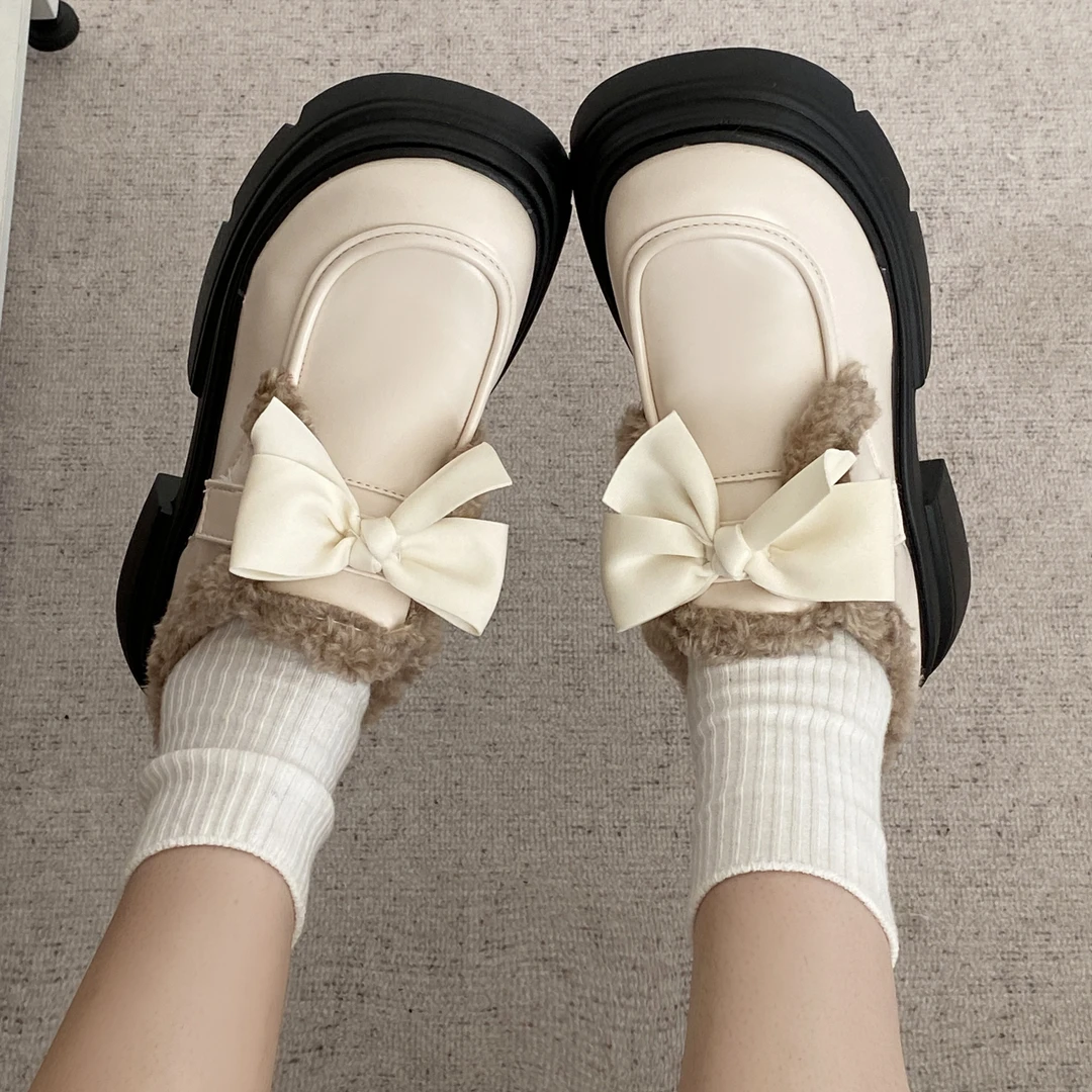回力瑞加绒小皮鞋女棉鞋2023秋冬冬季百搭蝴蝶结圆头厚底乐福鞋