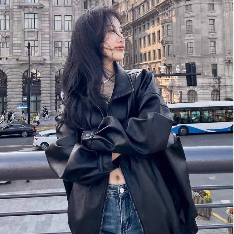 小个子女生酷飒皮衣外套春秋高级感皮夹克外套宽松韩版ins小羊皮