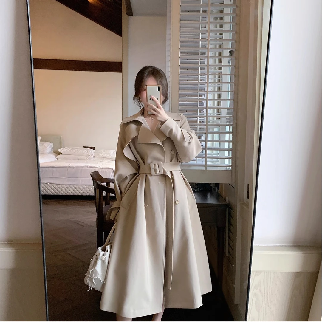 风衣外套女2024春秋季新款英伦风双排扣垂感宽松中长款大衣小个子