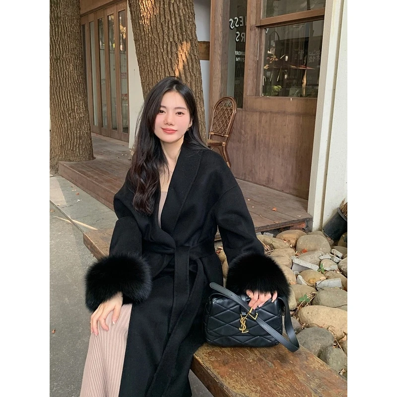 双面大衣女高个子长款气质仿狐狸毛袖口欧若风高贵气质毛呢外套
