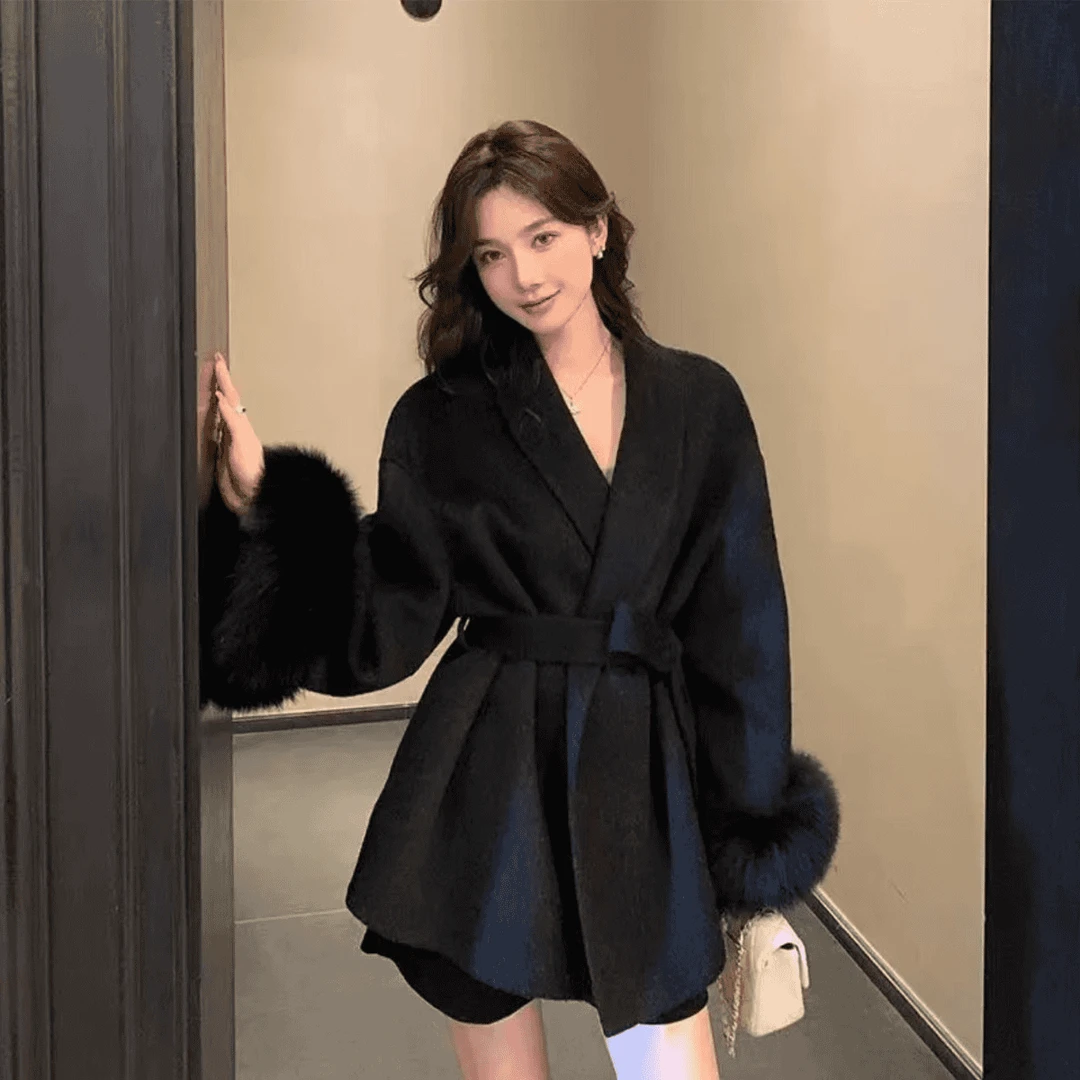 短款收腰冬双面呢苏妲己大衣毛袖复古名媛轻奢高贵气质毛呢外套