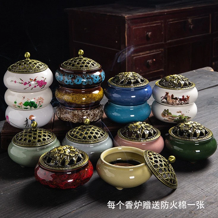 陶瓷香炉室内家用香插香薰炉带盖盘香檀香炉中式复古禅意桌面摆件