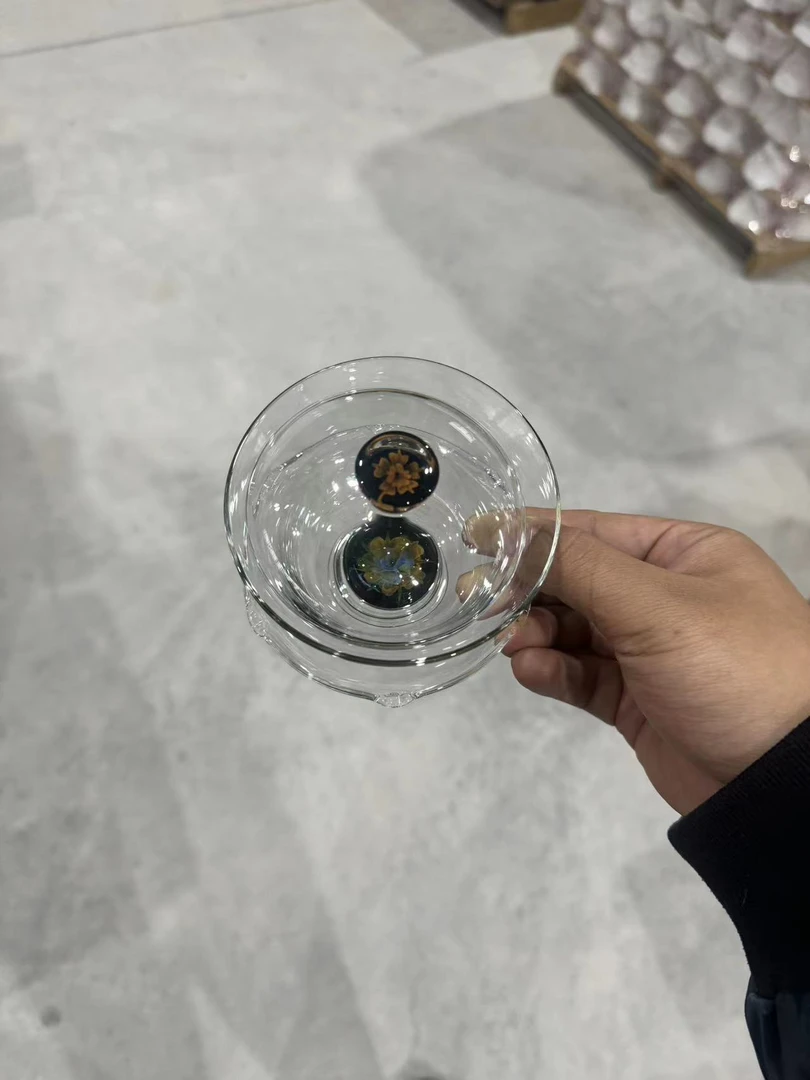 手工花语黑底玻璃盖碗三才盖碗