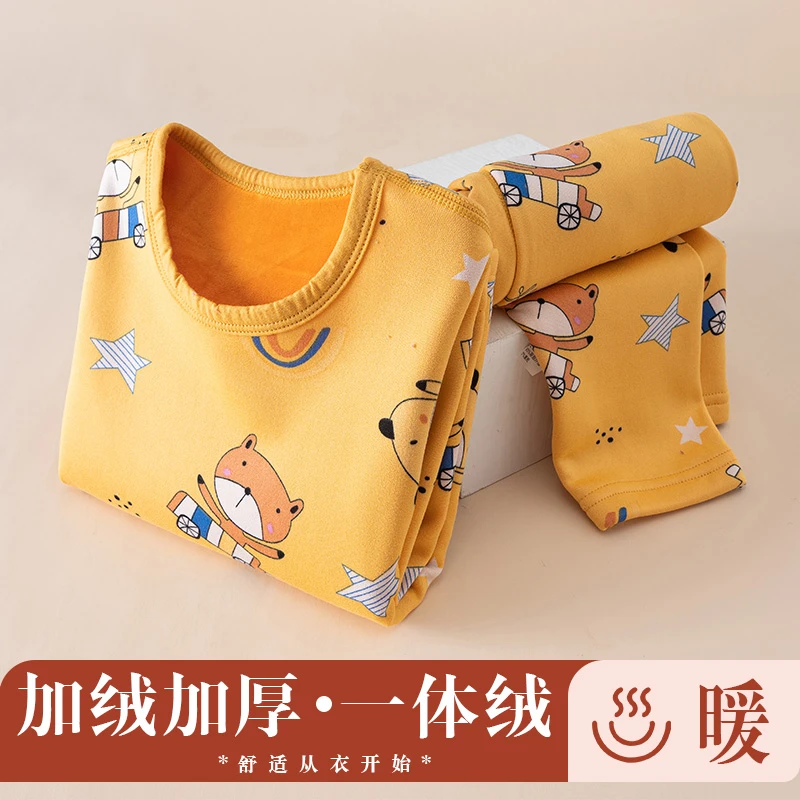 加绒加厚学生冬季童装绒衣绒裤宝宝内衣套装男童女生圆领东北保暖
