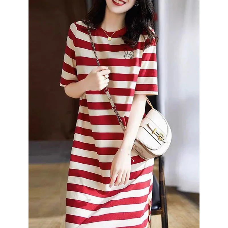夏季2024法式减龄中长款T恤裙胖mm宽松圆领红色条纹短袖连衣裙女