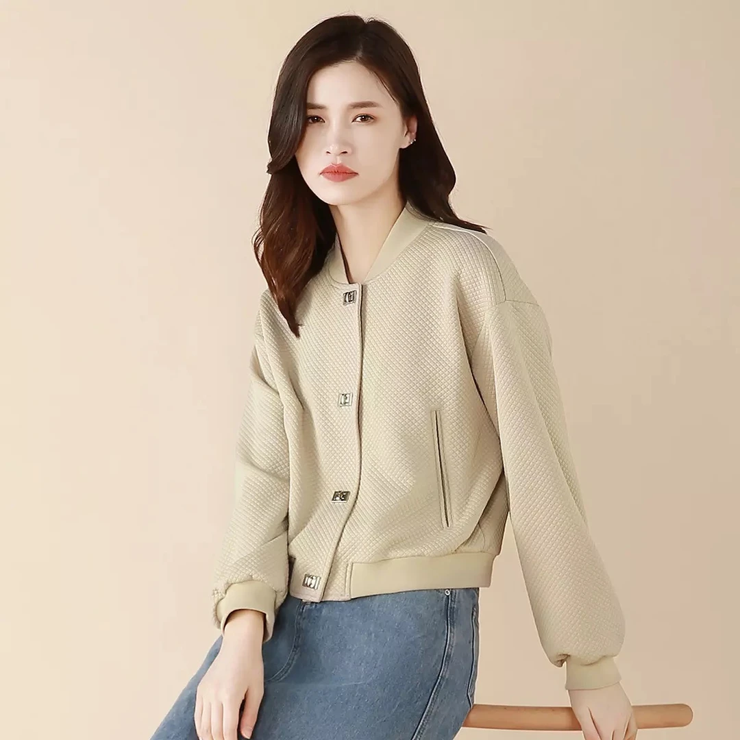 150241短款针织外套女早秋华夫格肌理感开衫百搭棒球服