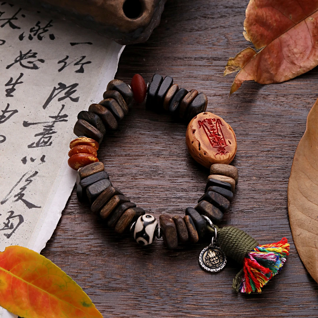 925银木质手链 S08778 <黄财财>牙牙桶珠椭圆拍方形手链