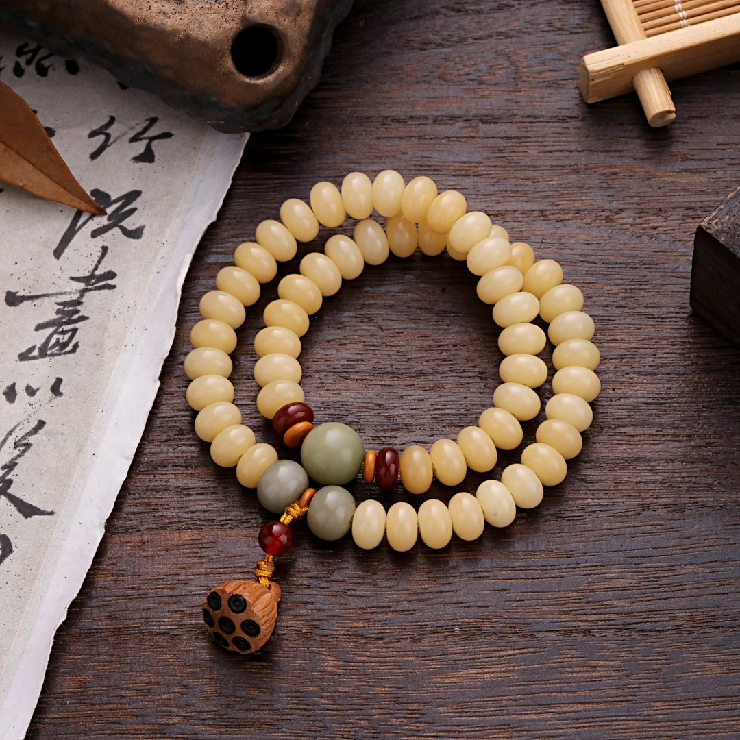 非金属木质手链 S08771 木头莲蓬奶黄串珠手链