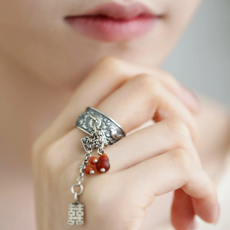 925银戒指 太朴 J12096 双喜方锁流苏牡丹花做旧戒指