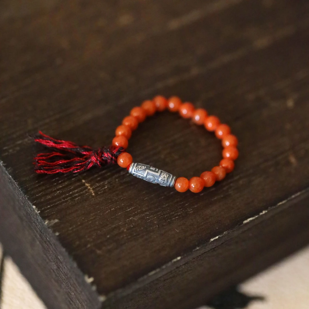 925银戒指 J11559 彩绳流苏红色珠珠弹力戒指女个性