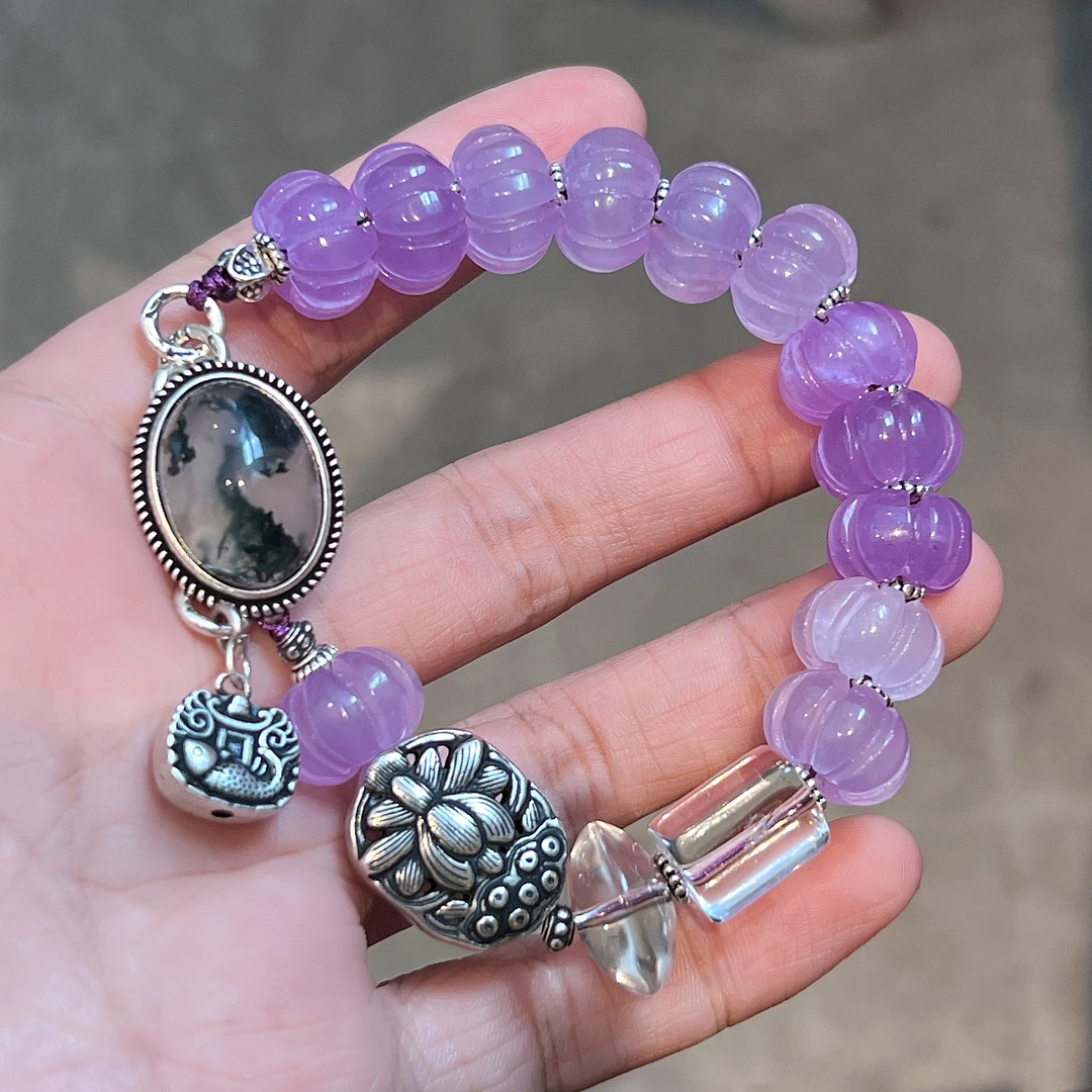 925银手链 七[霓裳] S08702 紫色瓜珠串珠绿草日形扣手链