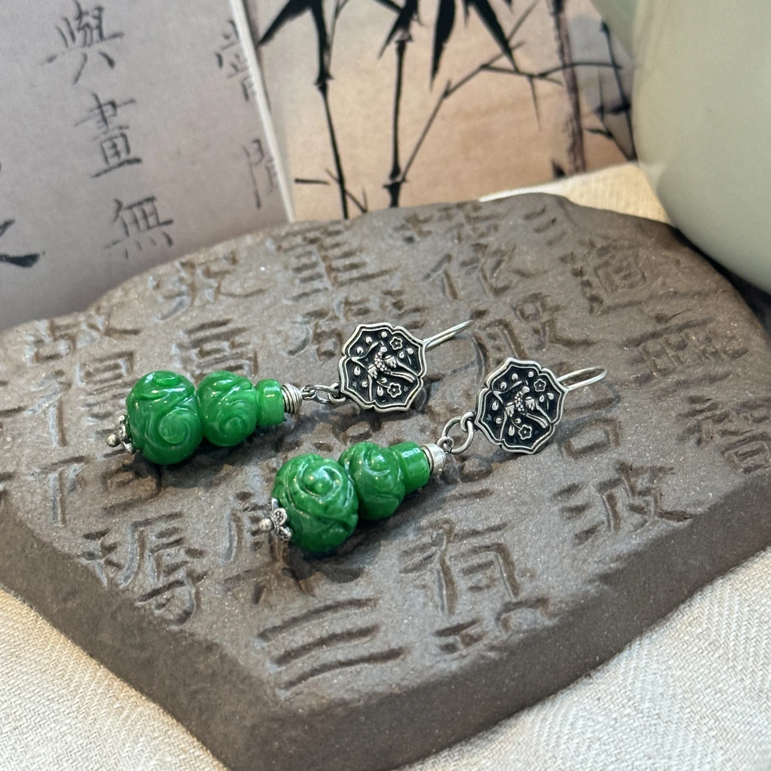 925银耳饰 E25183 绿色雕刻葫芦鹊登枝头耳钩耳环