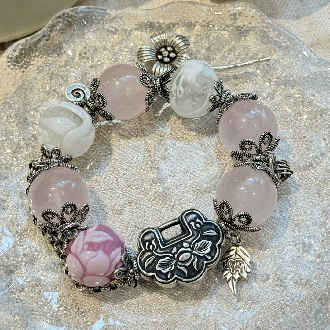 足银手链 S09219 莲花如意锁蝴蝶粉色串珠手链