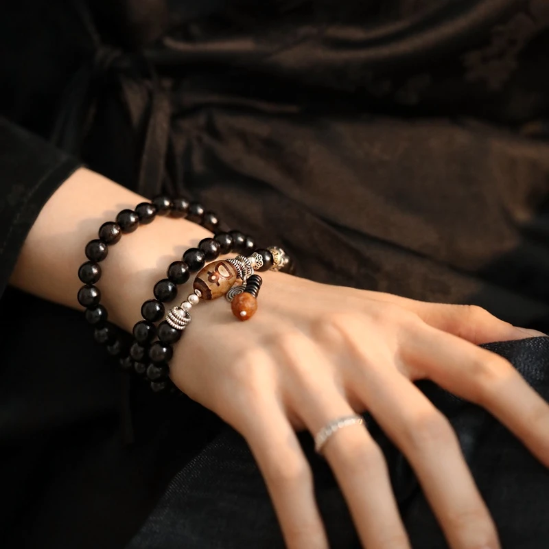 925银手链 S07773[黑珠珠]六字真言珠彩绳弹力手链禅意手工手串珠