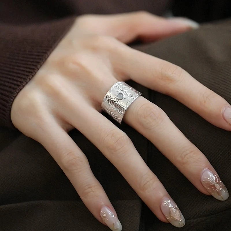 银春春 925银戒指 唐草纹宽戒指复古开口指环个性时尚轻奢可调节