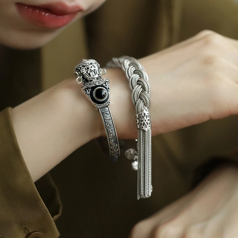 银春春 925银手镯 前世今生扎基拉姆六字真言珠珠手镯复古个性潮