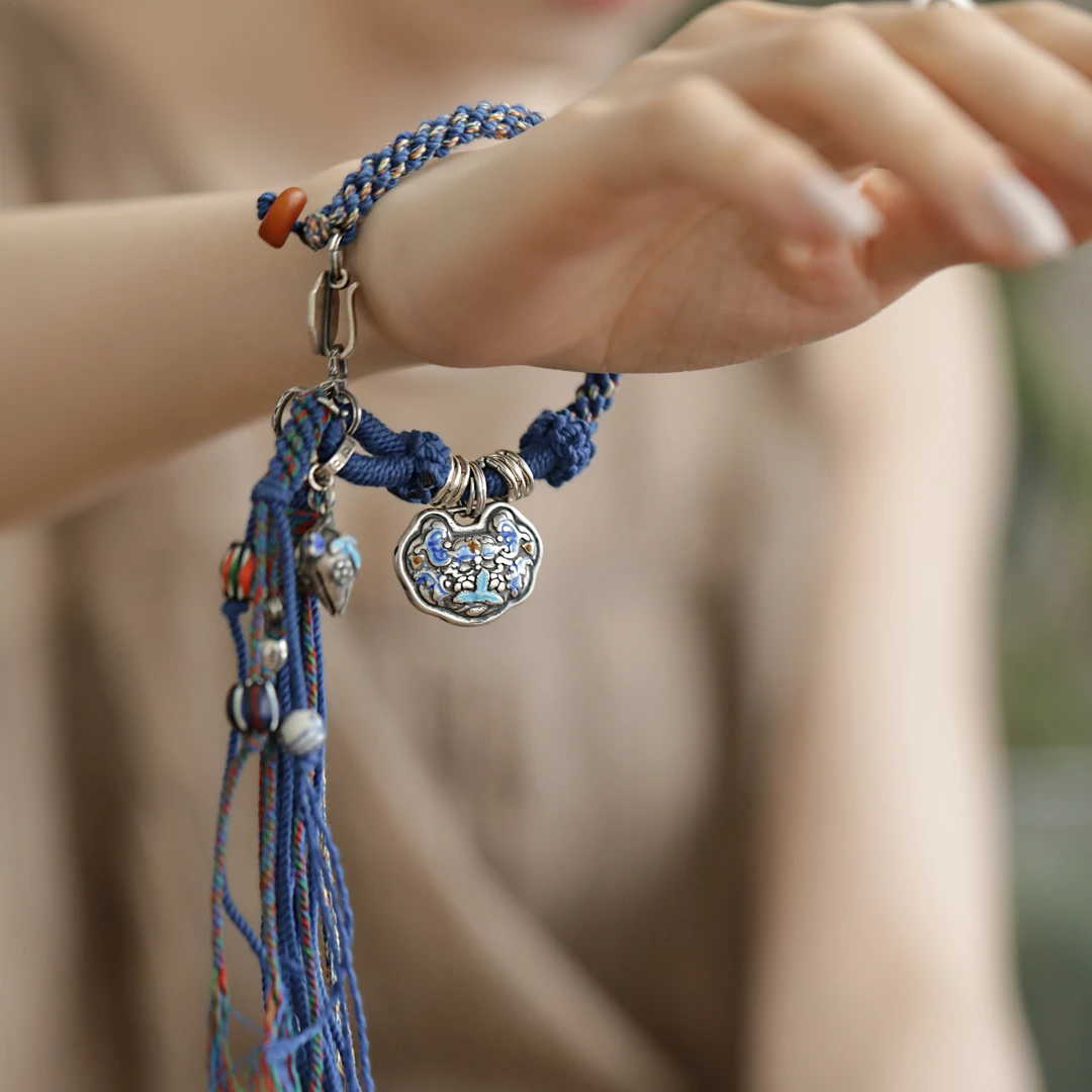 925银手链 S08201莲花如意锁蓝色编绳手链