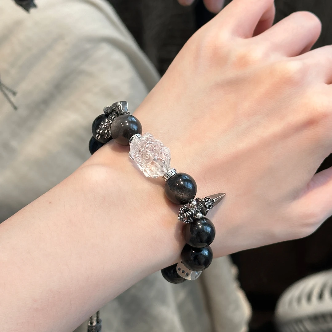 足银手链 S09139 白色透明大黑祥云杵四面黑色串珠手链