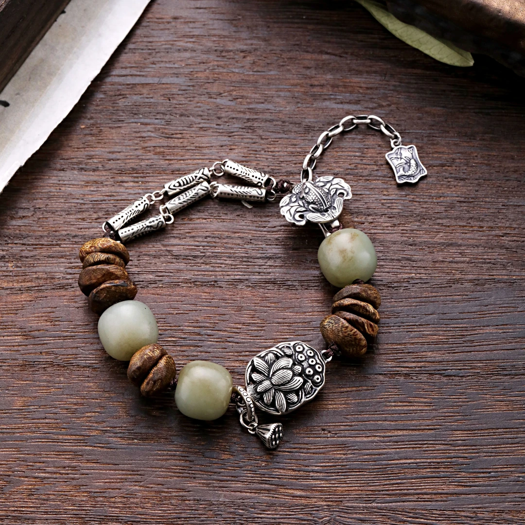 925银木质手链 S08901 莲花莲蓬绿色串珠手链