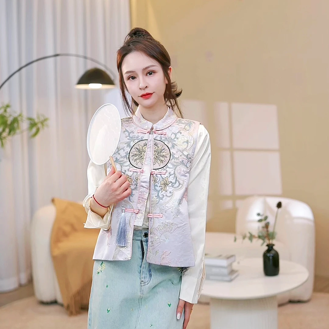 新中式-中国风时尚盘扣马甲夏季印花重工刺绣复古休闲背心气质