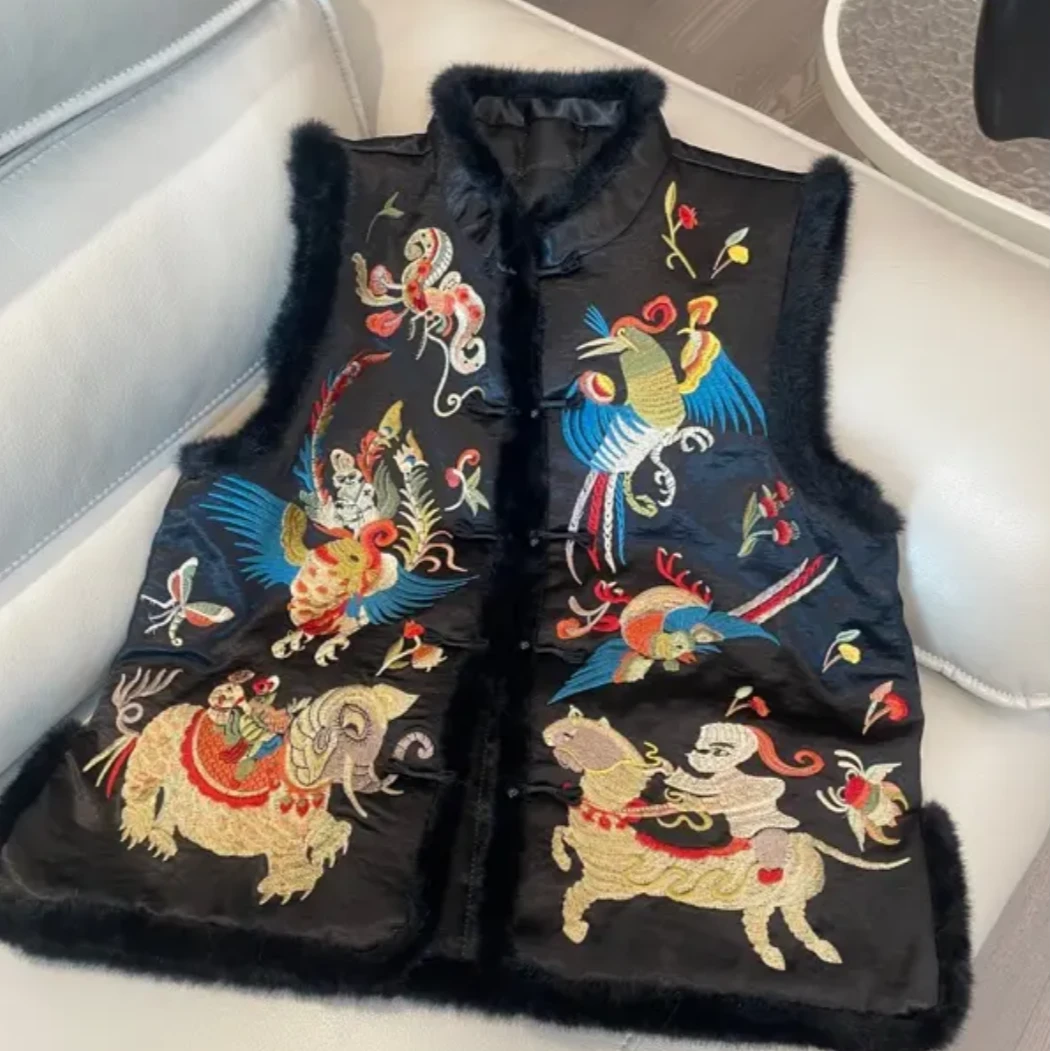 中式2024醋酸新款国风重工刺绣盘扣马甲上衣背心复古坎肩外套