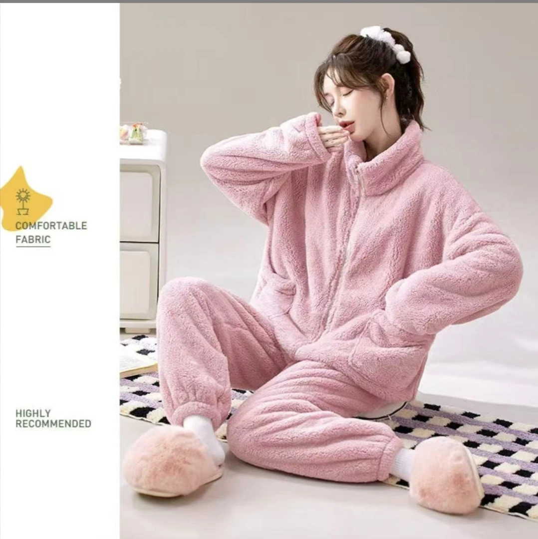 【贝姐专属】双面加绒加厚保暖睡衣套装女冬季外穿家居服拉链两件套