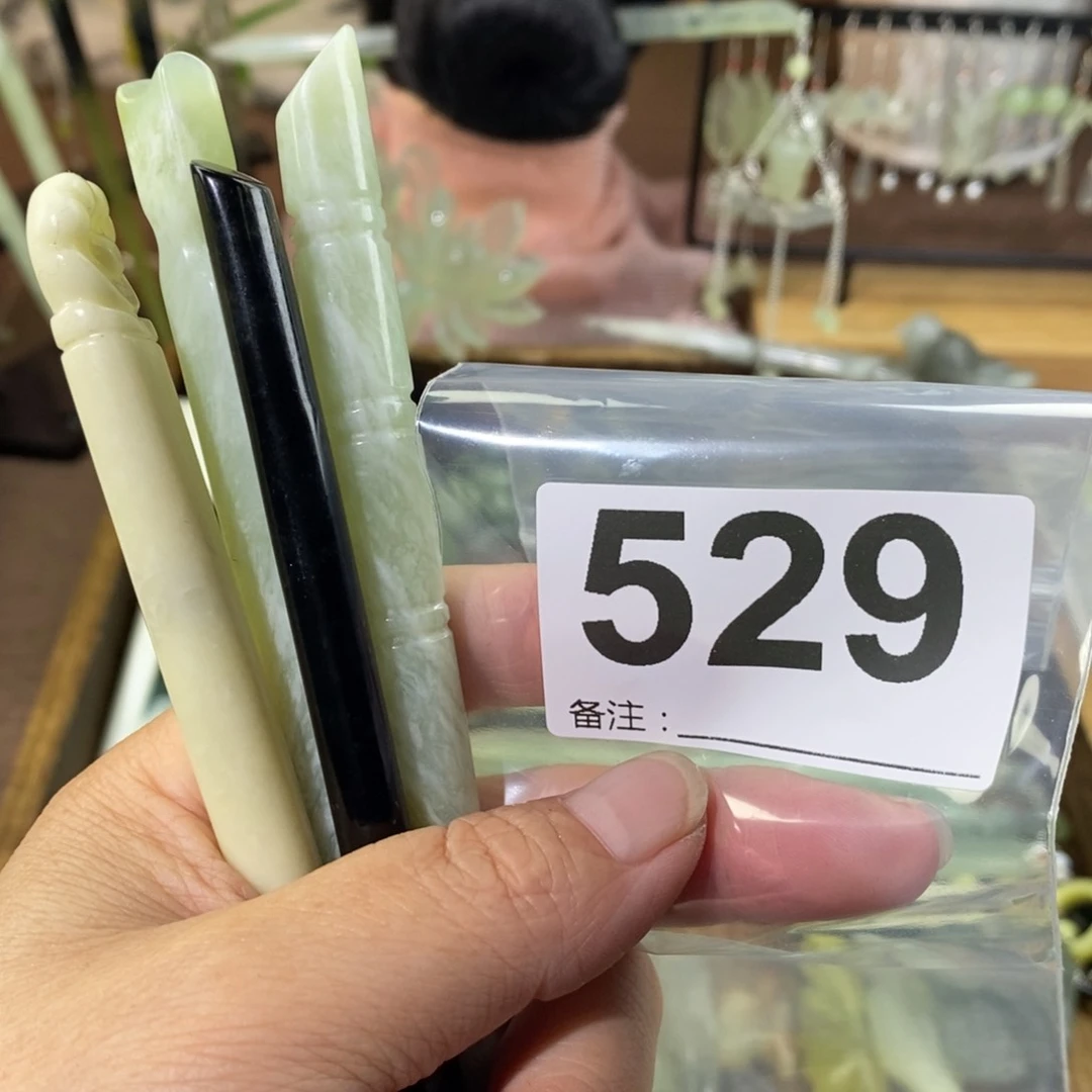 蛇纹石玉玉簪银S925镶嵌琋*