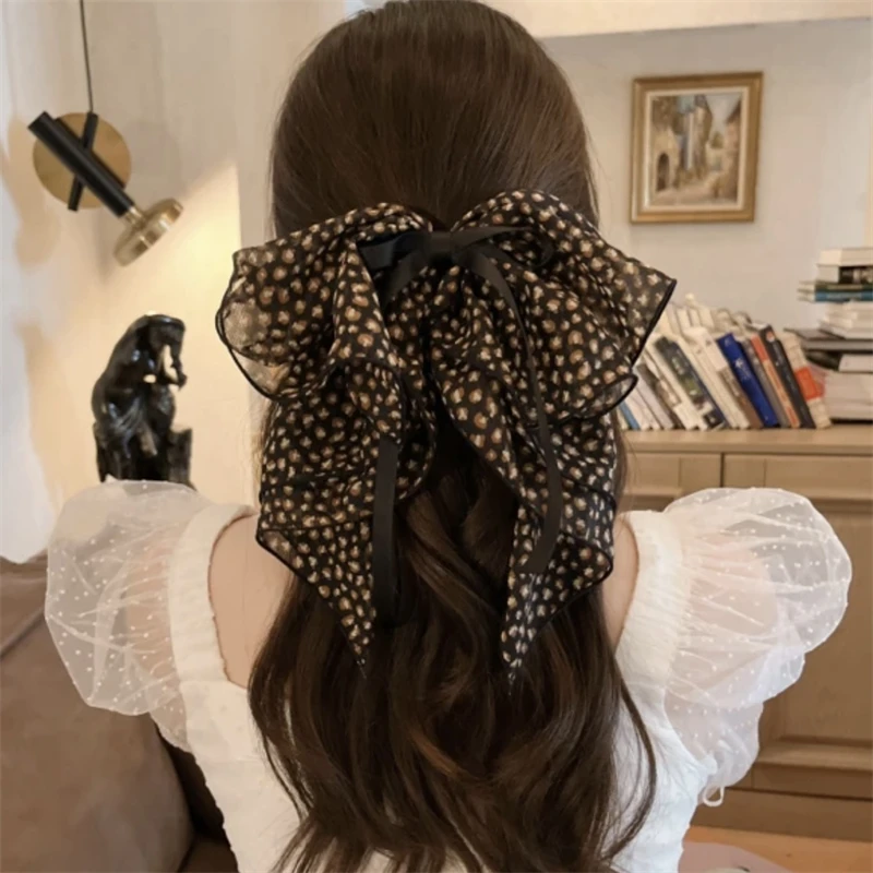 波点大号蝴蝶结飘带发夹布艺发饰法式弹簧夹豹纹后脑勺马尾夹发卡