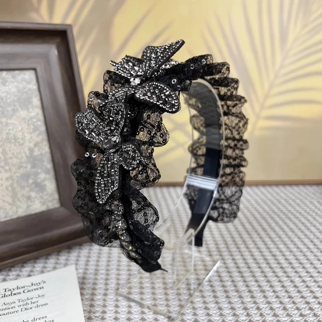 轻奢网纱高级感发箍黑色花朵时尚水钻高颅顶气质优雅百搭头箍发饰