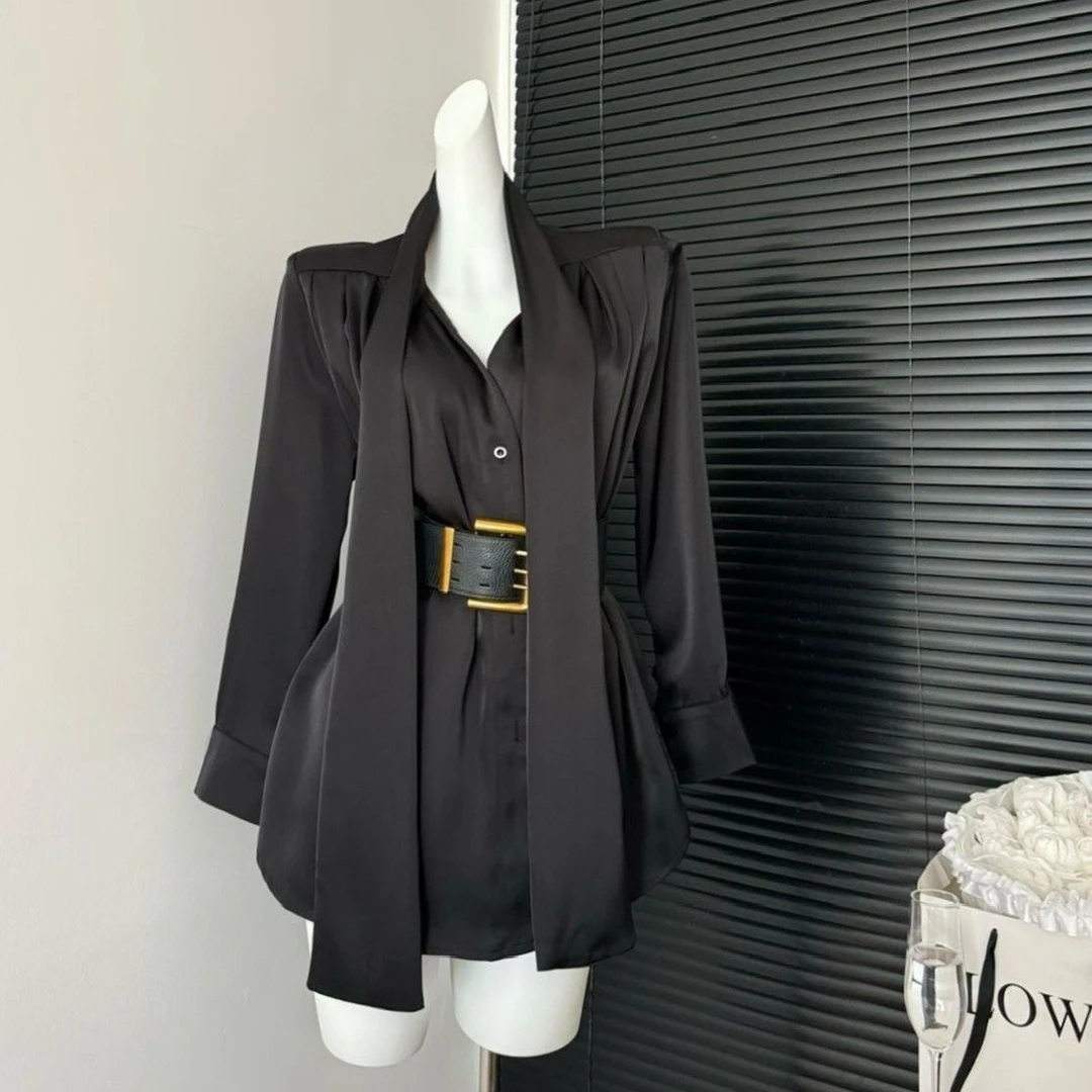 法式连衣裙气质名媛高端女神范高级感缎面挂脖V领飘带收腰衬衫裙