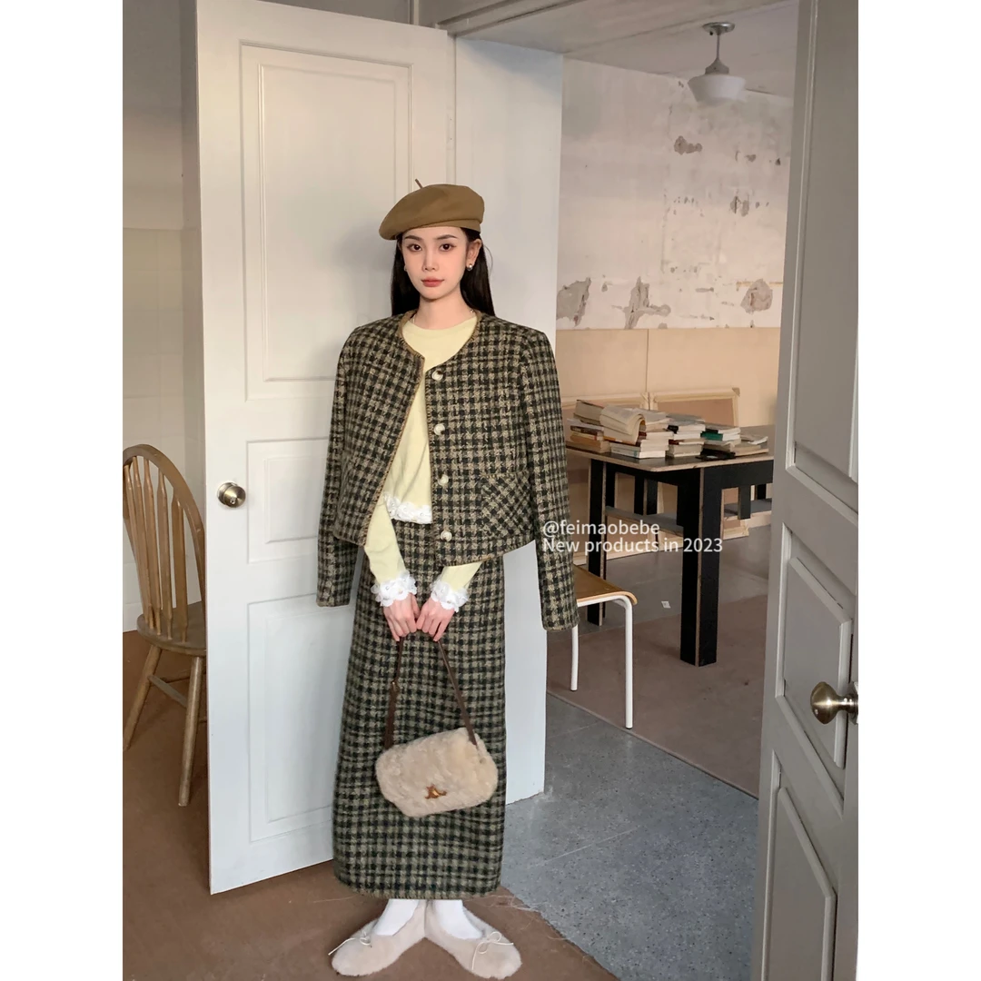 【白白-啊萍推荐】2073 秋季新款高腰显瘦单排扣复古格纹粗花呢外套