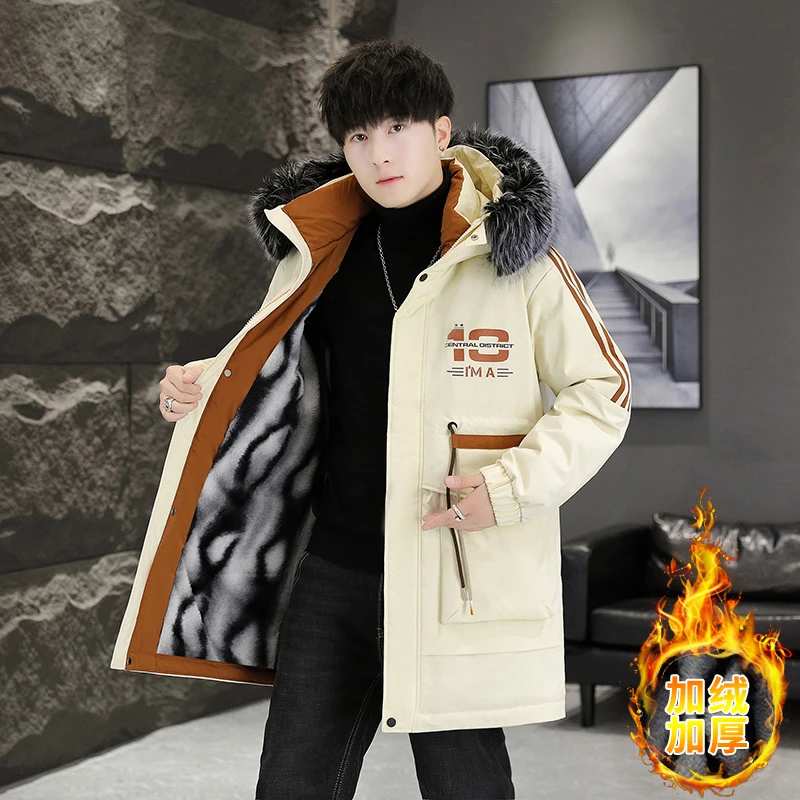 男士棉服外套冬季新款中长款加绒加厚连帽夹克青少年棉衣风衣棉服