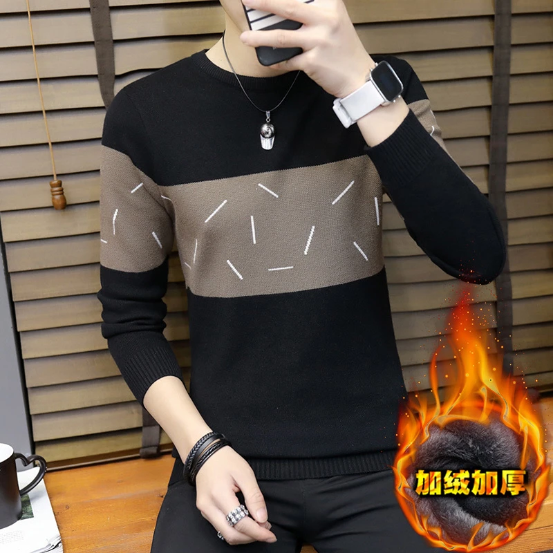 秋冬季加绒加厚圆领韩版潮流青年线衣内搭针织打底衫个性毛衣男