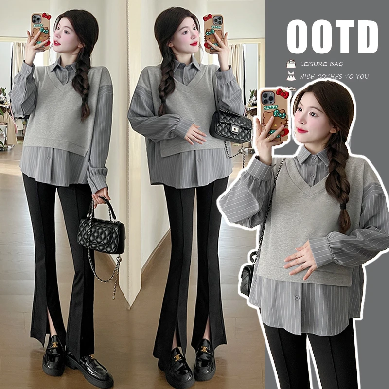 孕妇衬衣春季韩版宽松衬衣2024新款上衣拼接衬衣孕妇假两件上衣秋