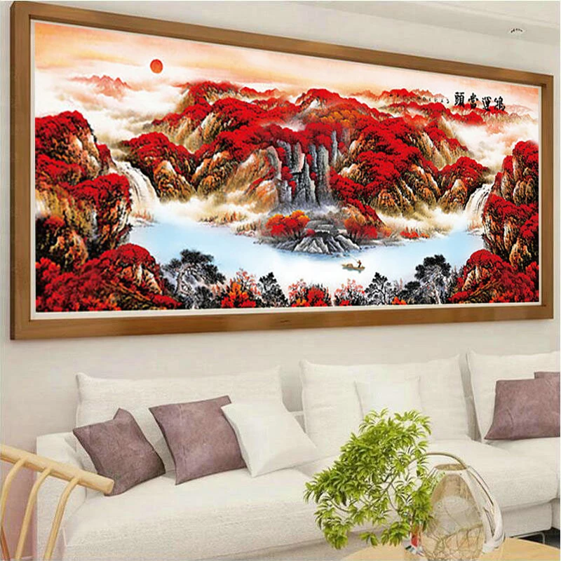 鸿运当头新款十字绣客厅风景山水画满绣手工精准印花图案配线套件