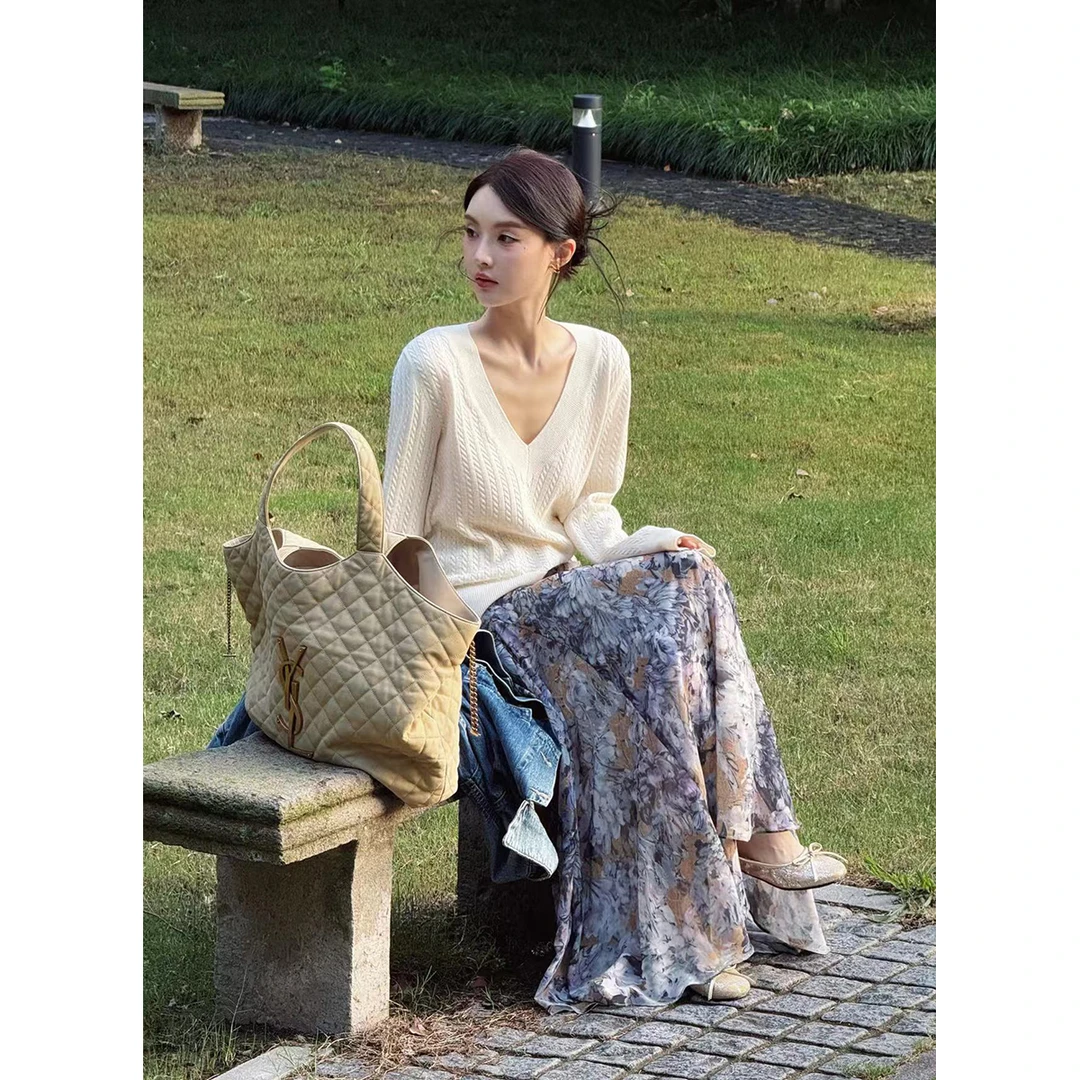 FORNI  清爽自然  V领麻花纹毛衣时尚韩版秋季百搭休闲长袖