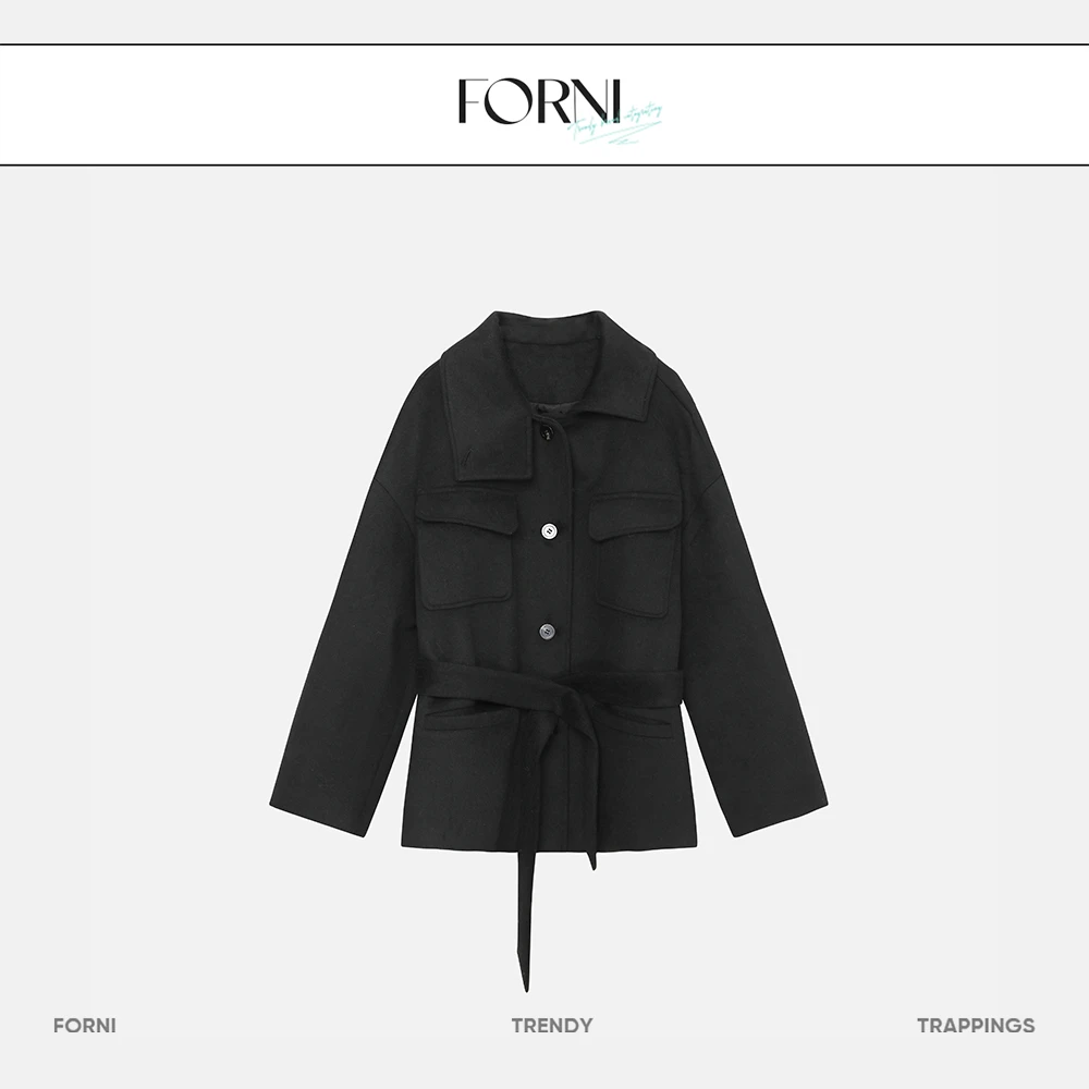 FORNI 绵羊毛日内瓦街影帝国黑腰带短款大衣秋冬百搭呢大衣