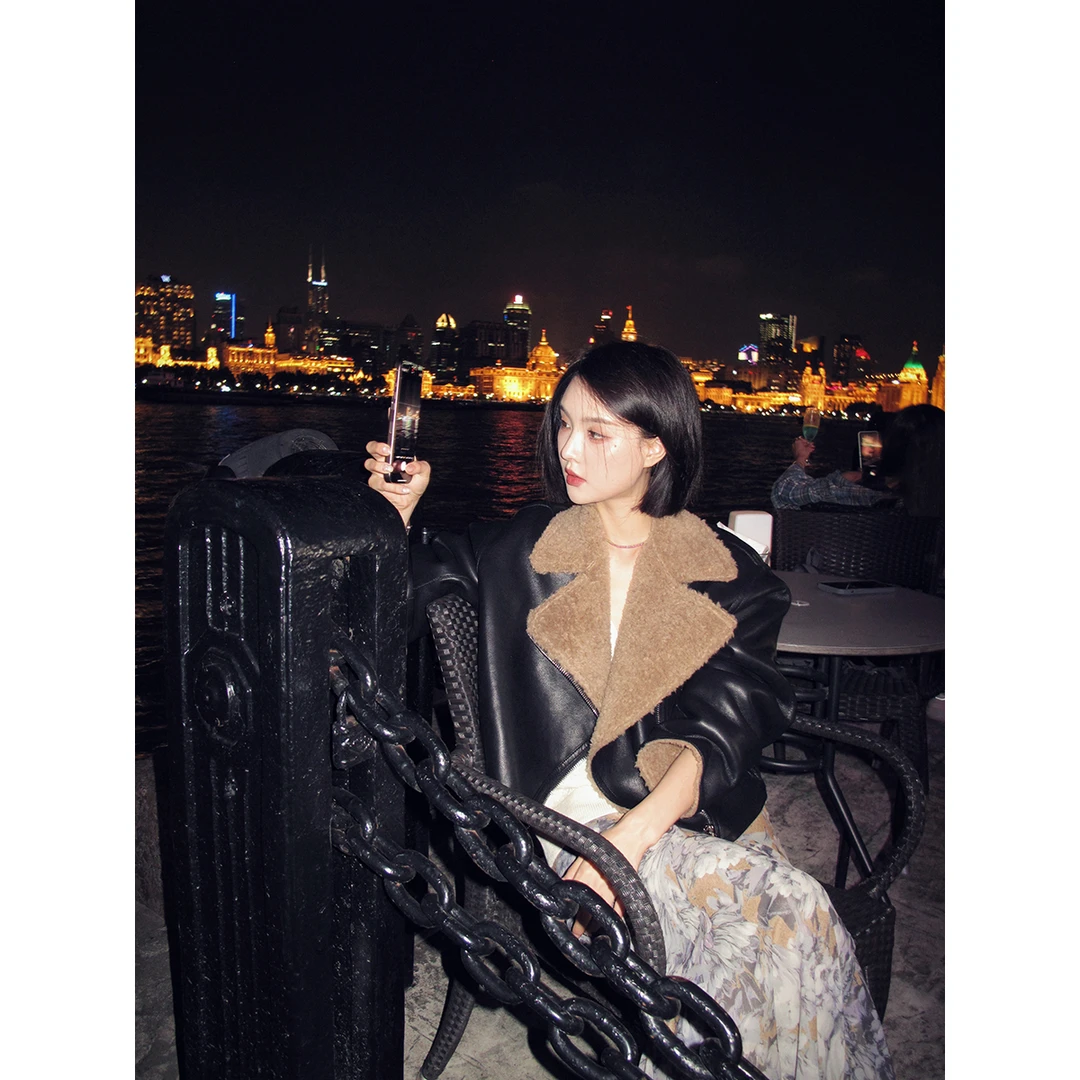 FORNI  复古补给站 100绵羊毛皮质毛绒外套气质时尚设计师秋冬