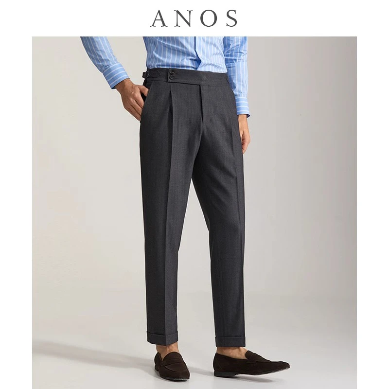 ANOS那不勒斯西裤男深灰色人字纹意式单褶修身巴黎扣翻边直筒裤子