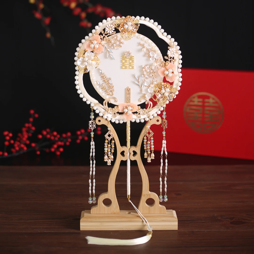 香槟色新娘团扇diy材料包重工手捧蒲扇秀禾喜扇中式晨袍扇送闺蜜