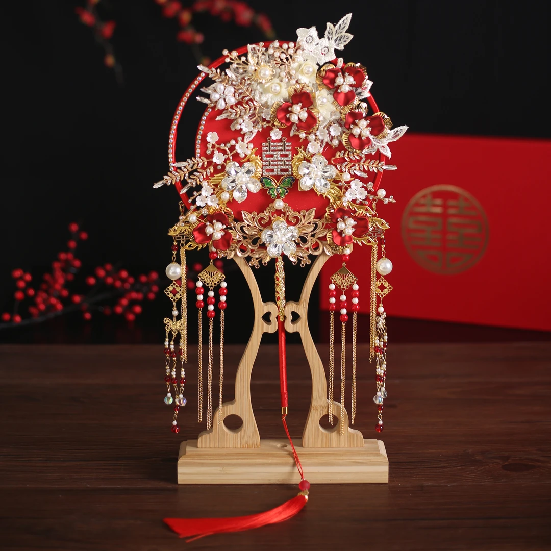 古风团扇新娘结婚礼中式出嫁高档婚扇diy材料包成品双面秀禾喜扇