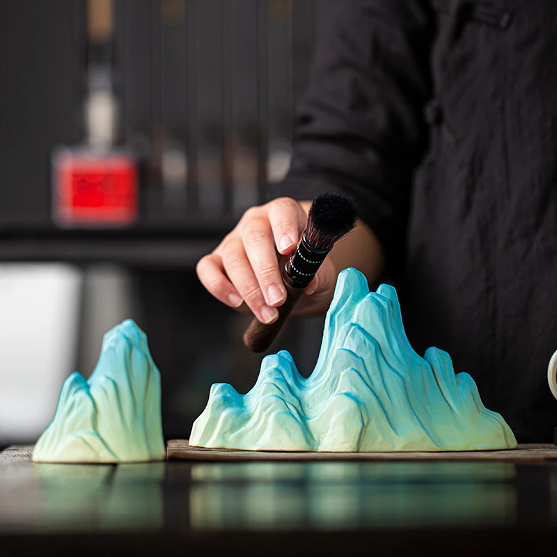 假山摆件新中式禅意摆设桌面鱼缸造景文创装饰品只此青绿千里江山